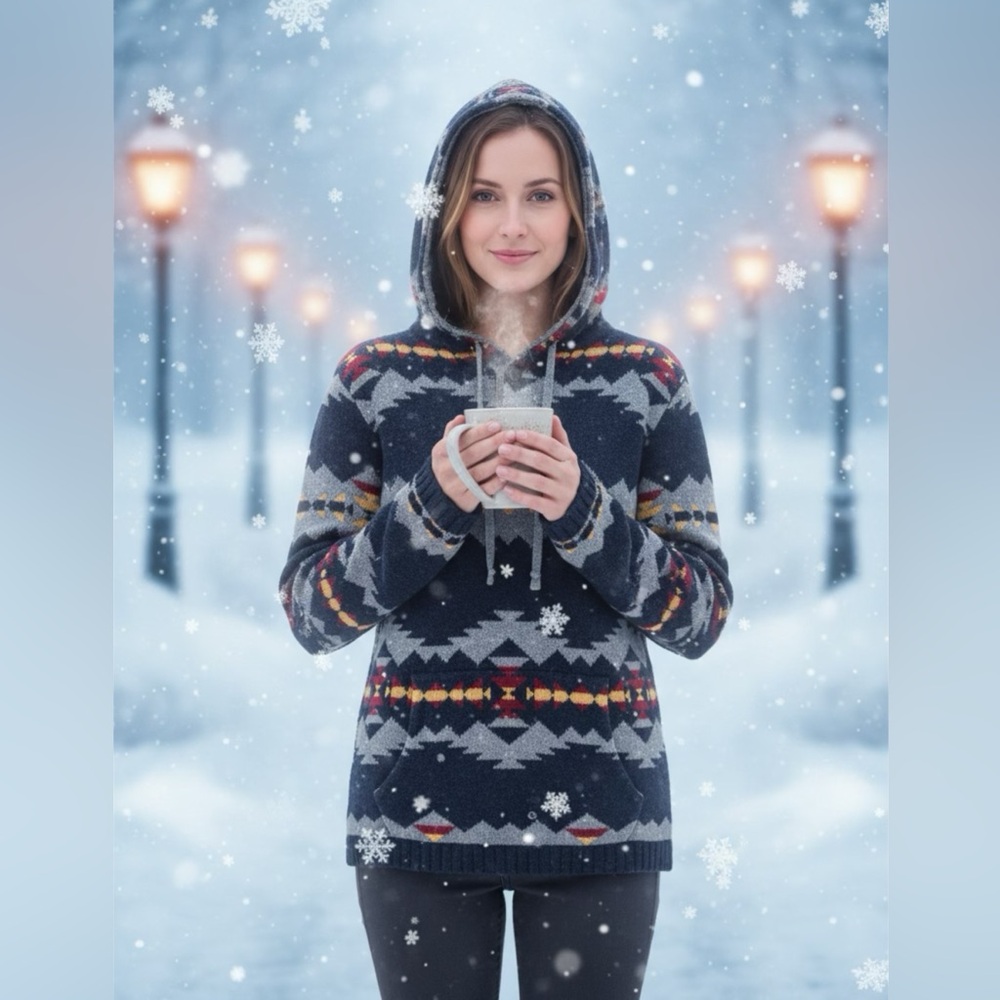 American‎ Eagle Hoodie Unisex M Yarn Knit Aztec Print Multicolor Outdoor Hiking